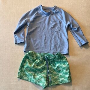 Crewcuts Light Blue Rash Guard & Green Crab Print Swim Trunks